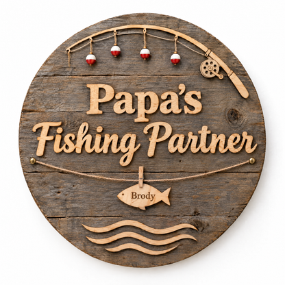 Barnwood fishing sign Papa's Fishing Partner with one name fish