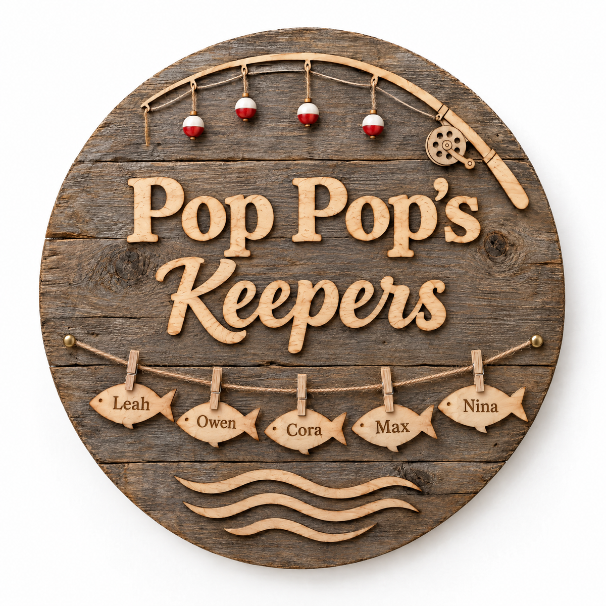 Barnwood fishing sign Pop Pop's Keepers with five name fish