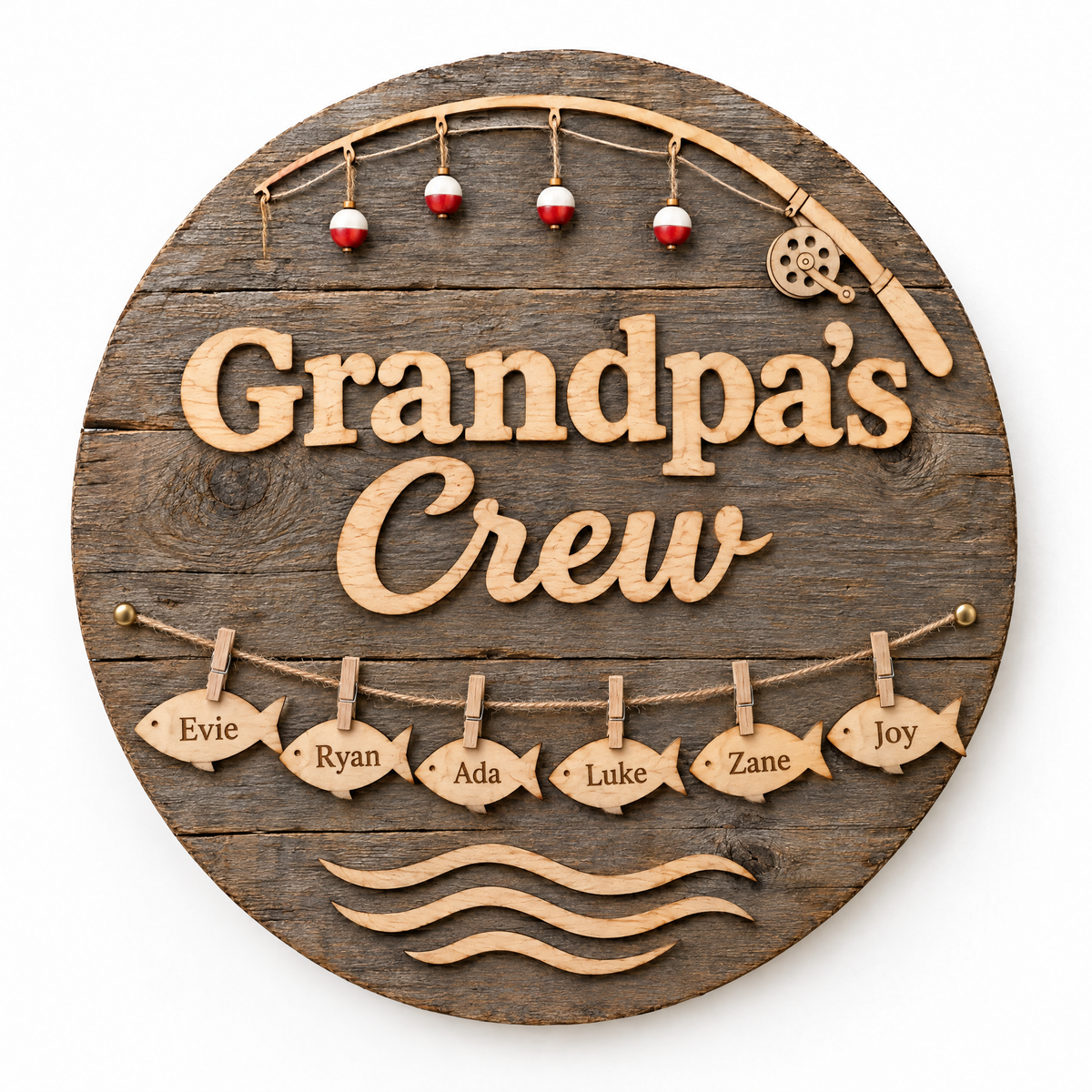 Barnwood fishing sign Grandpa's Crew with six name fish