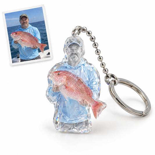 Crystal-style angler keychain with red snapper on silver ring