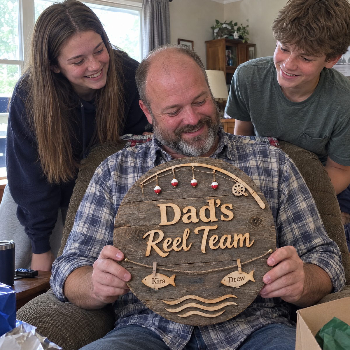 Teen kids watch dad open Dad's Reel Team sign on Father's Day