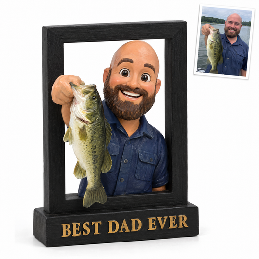 Cartoon portrait frame sign with bass bursting out, BEST DAD EVER