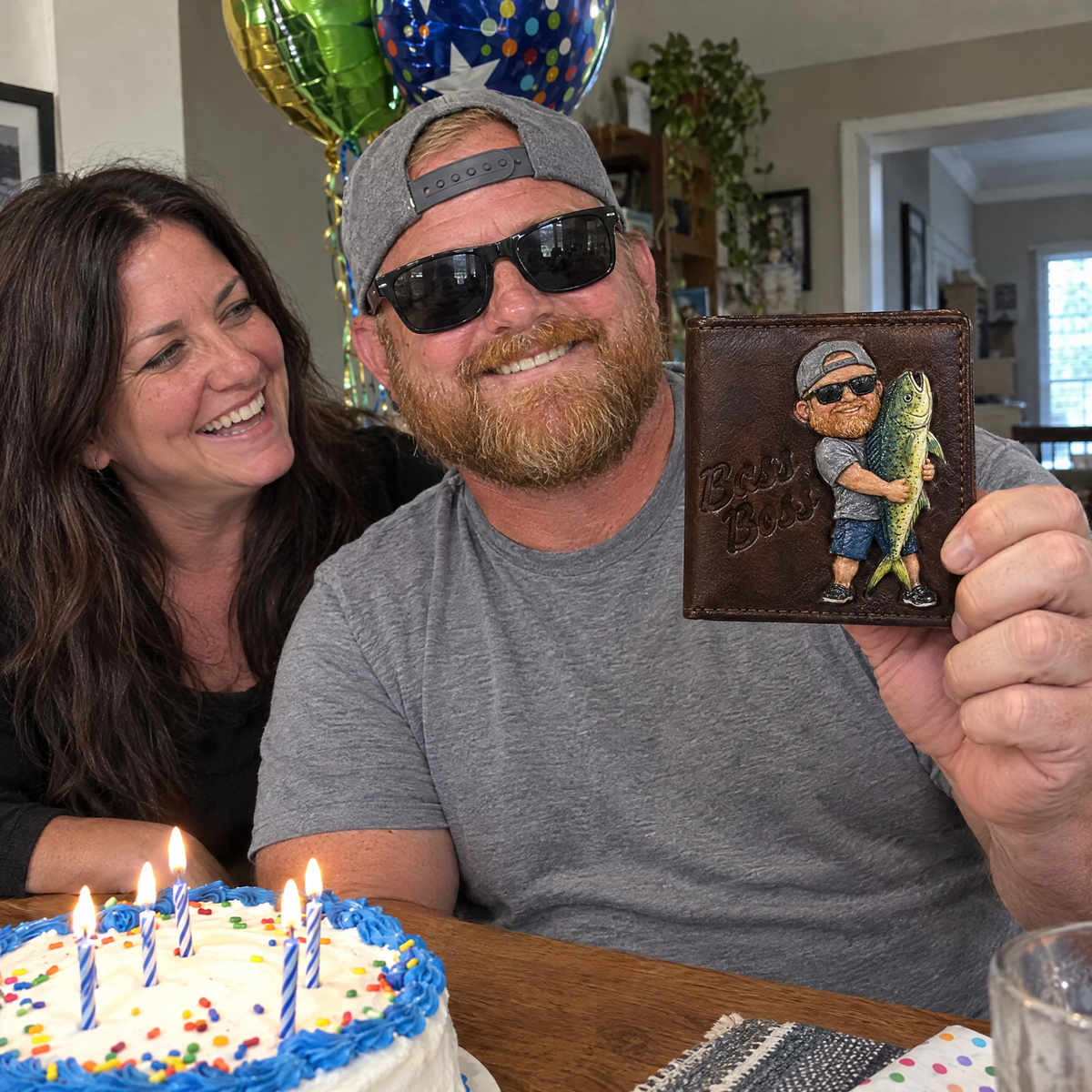 Husband shows chibi fishing wallet from wife on his birthday