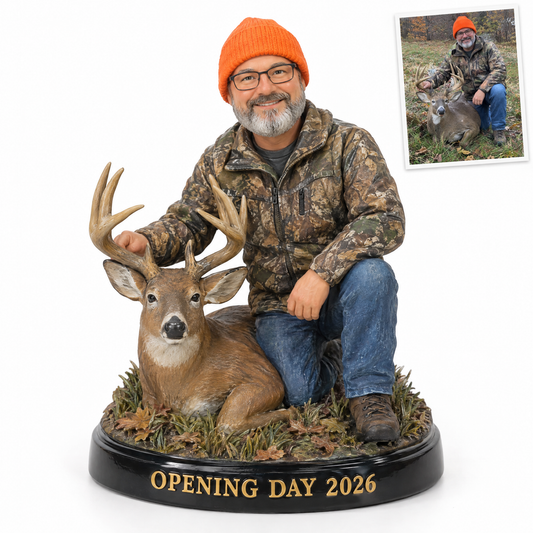 Custom hunter figurine kneeling by whitetail buck, OPENING DAY 2026