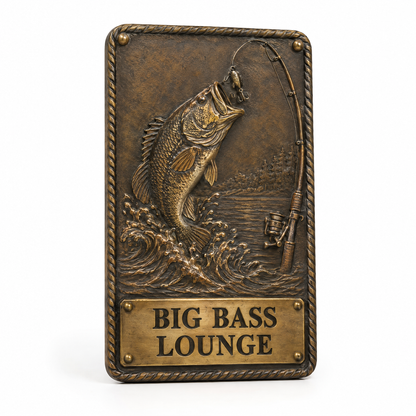 Antique bronze fishing door plaque with leaping bass and nameplate BIG BASS LOUNGE