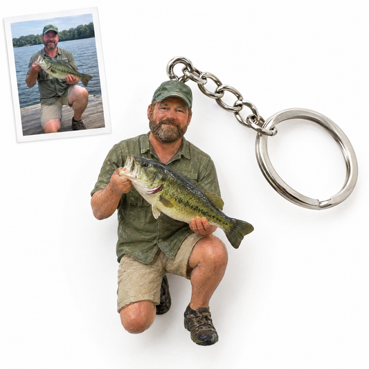Hand-painted angler figurine keychain kneeling with largemouth bass