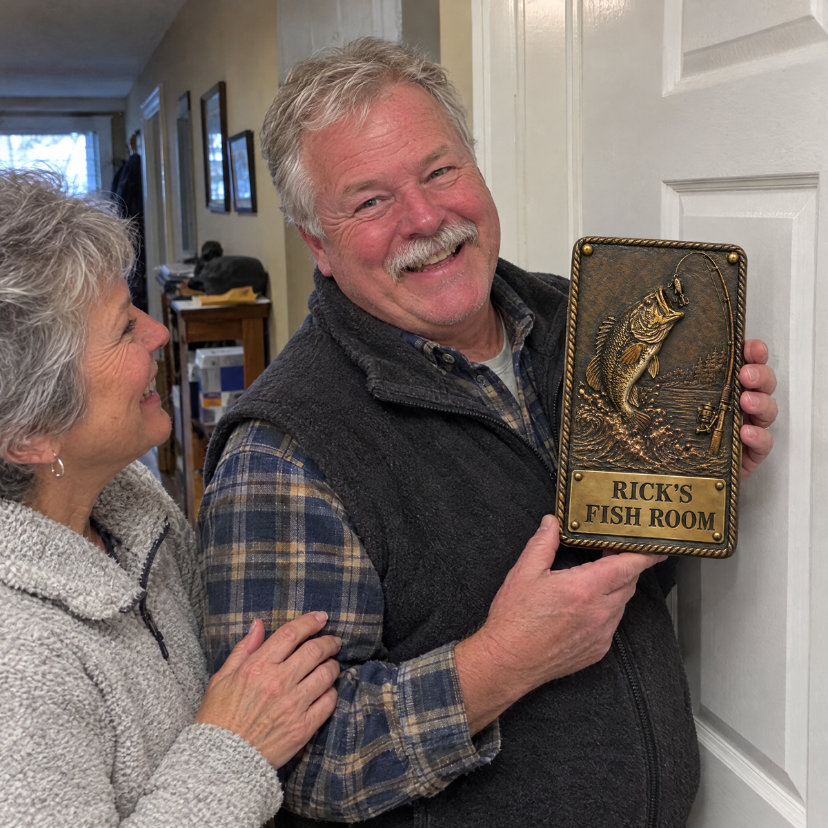 Wife surprises husband with RICK'S FISH ROOM doorplate for his birthday