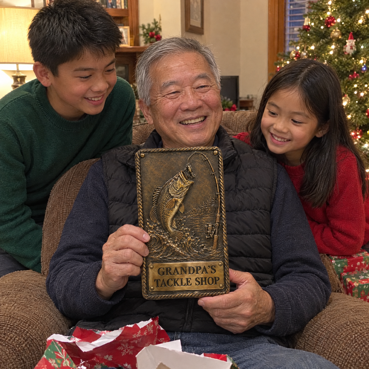 Grandkids with grandpa holding GRANDPA'S TACKLE SHOP doorplate at Christmas