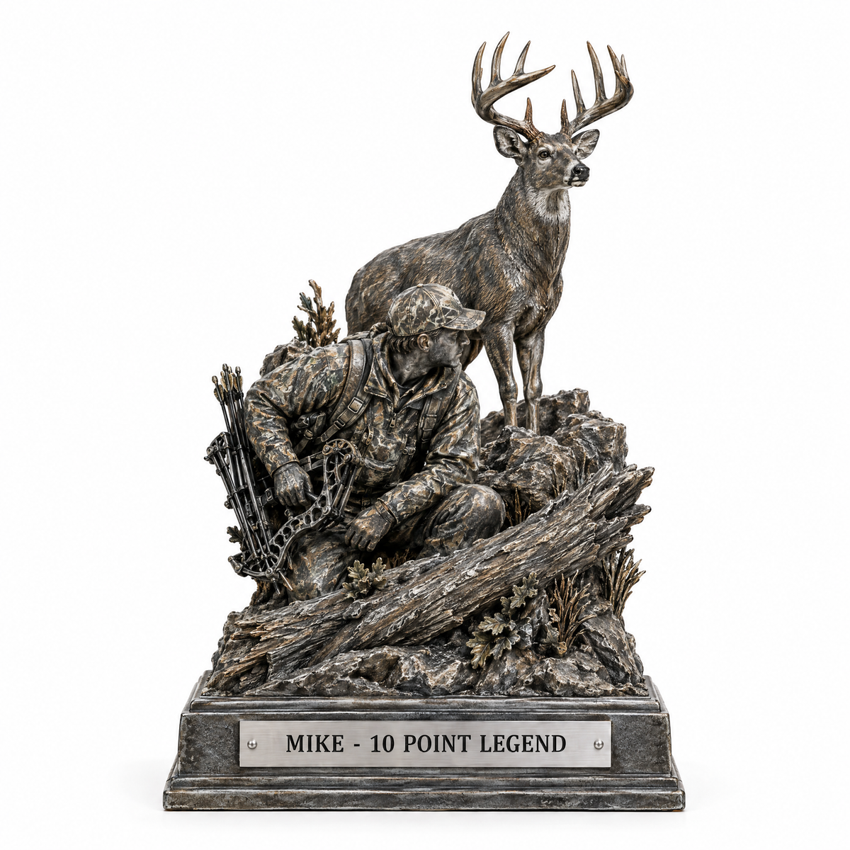 Bow hunter and whitetail buck keepsake style 3 engraved MIKE - 10 POINT LEGEND