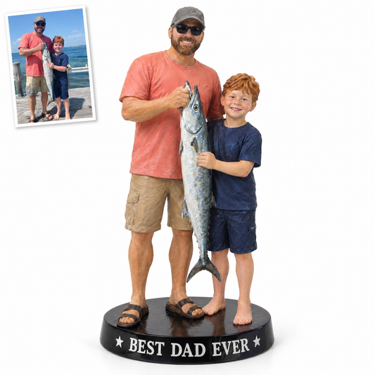 Father's Day portrait figurine of dad and son with king mackerel, BEST DAD EVER