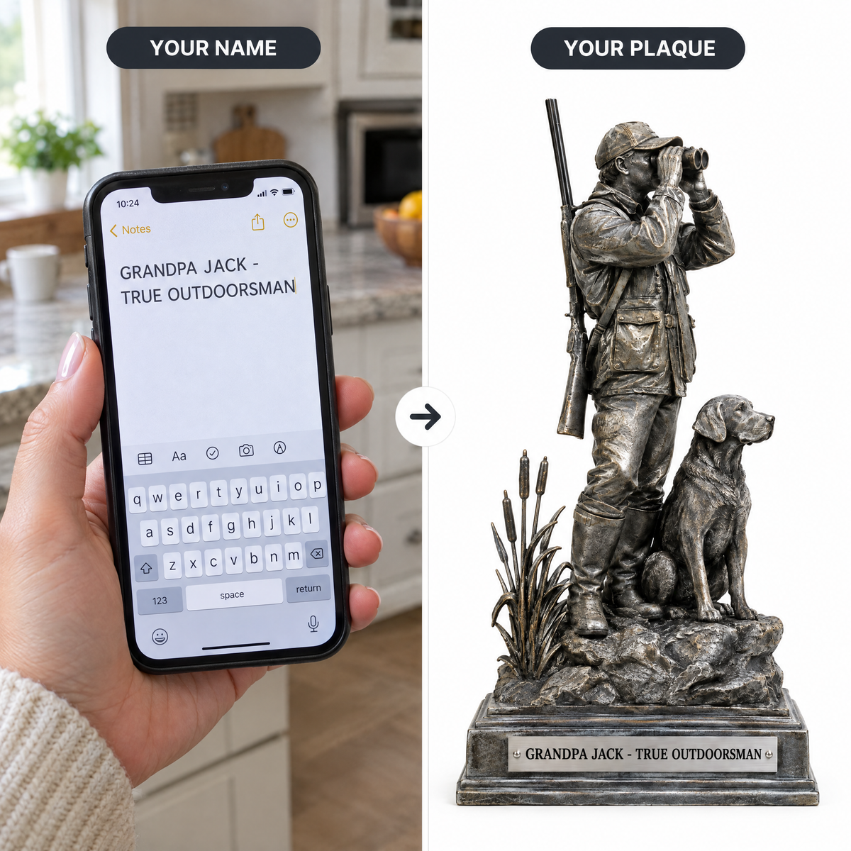 Typed inscription on phone beside finished hunter keepsake plaque