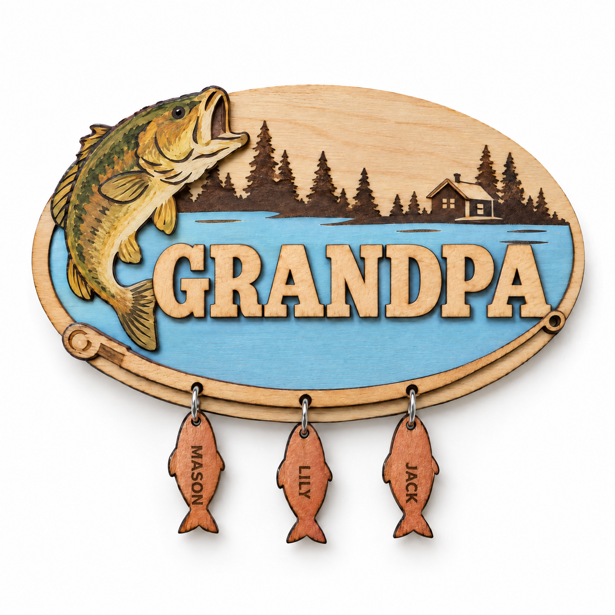 Wooden fishing plaque GRANDPA with three fish name tags