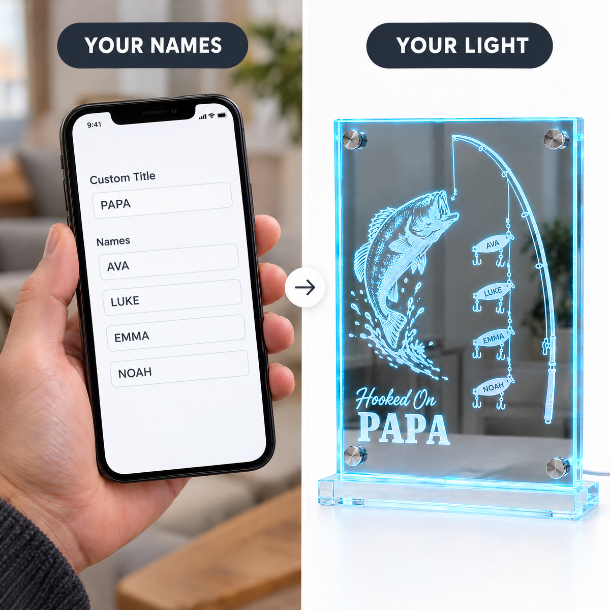Typed names on phone beside finished Hooked On PAPA LED mirror light