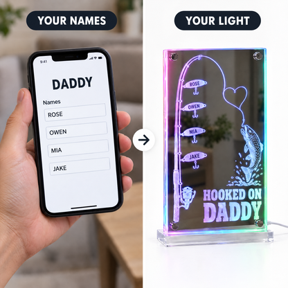 Typed names on phone beside finished HOOKED ON DADDY rod mirror light