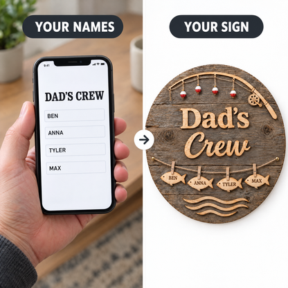 Typed title and names on phone beside finished DAD'S CREW barnwood sign