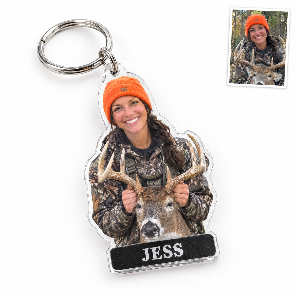 Acrylic keychain of woman hunter with her first buck, JESS