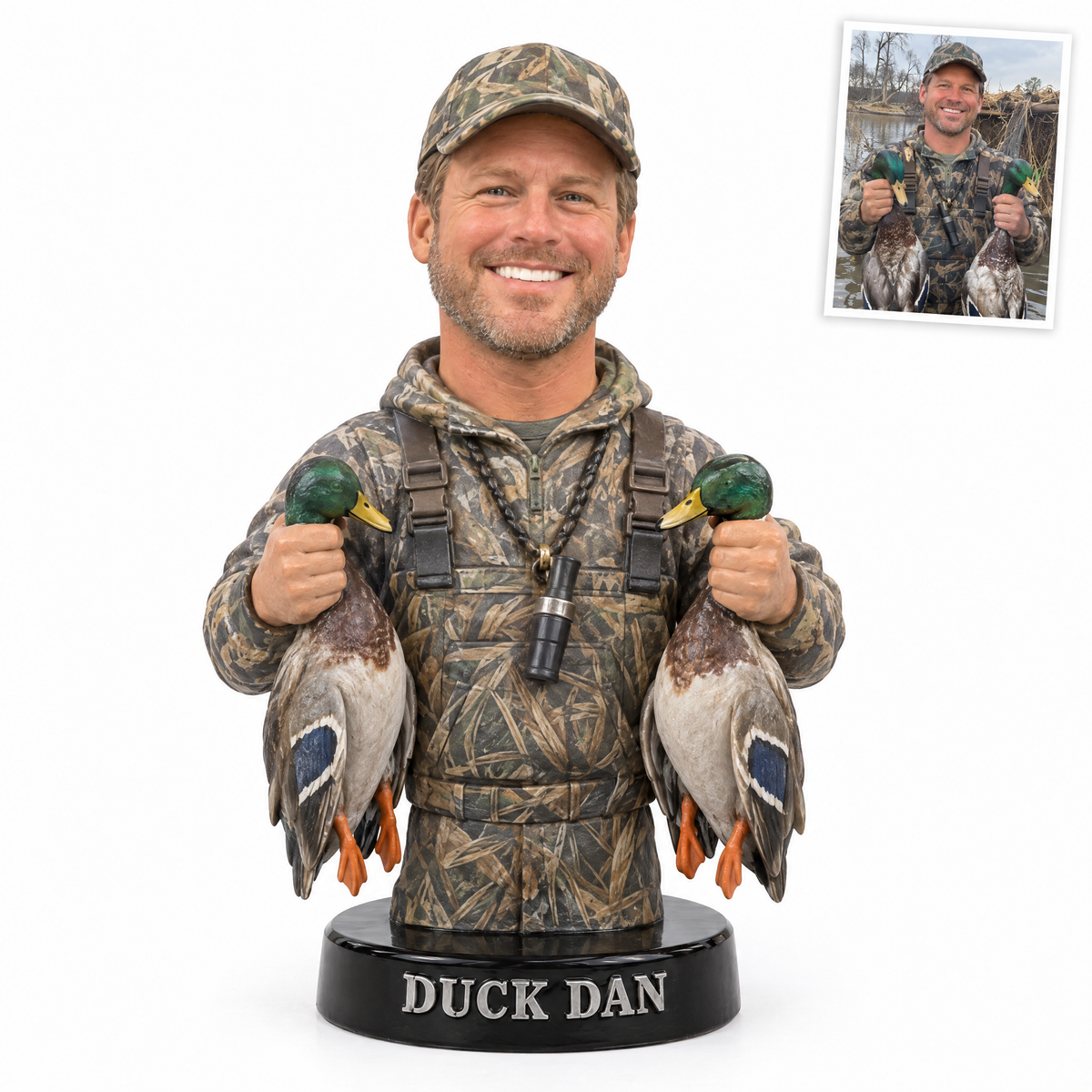 Duck hunter photo figurine holding mallards, DUCK DAN, customer photo top right