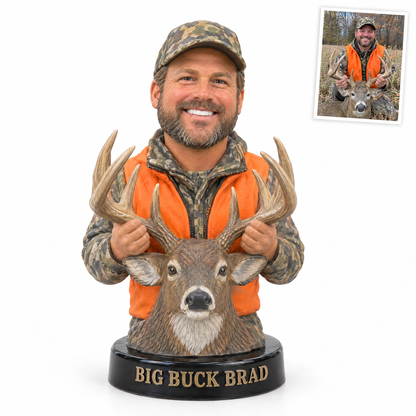 Deer hunter photo figurine holding whitetail antlers, BIG BUCK BRAD, customer photo top right