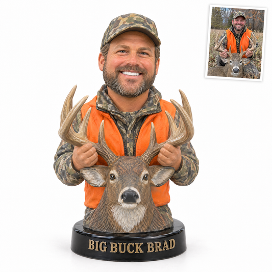 Deer hunter photo figurine holding whitetail antlers, BIG BUCK BRAD, customer photo top right