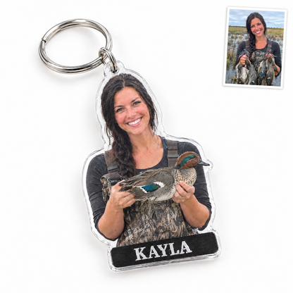 Acrylic keychain of woman duck hunter with teal, KAYLA