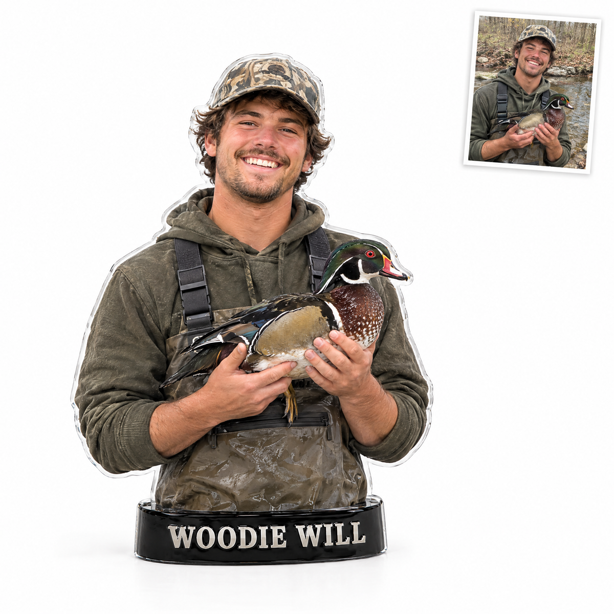 Acrylic fridge magnet of duck hunter, WOODIE WILL