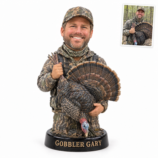 Turkey hunter photo figurine holding gobbler, GOBBLER GARY, customer photo top right