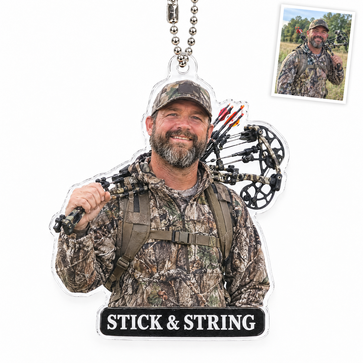 Acrylic car charm of bow hunter, STICK & STRING