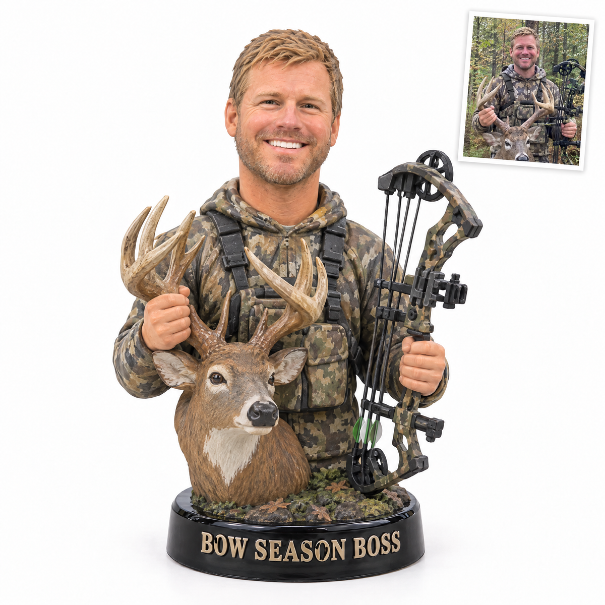 Bow hunter photo figurine with compound bow and buck, BOW SEASON BOSS, customer photo top right