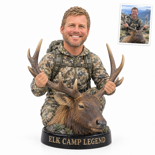 Elk hunter photo figurine with bull elk antlers, ELK CAMP LEGEND, customer photo top right