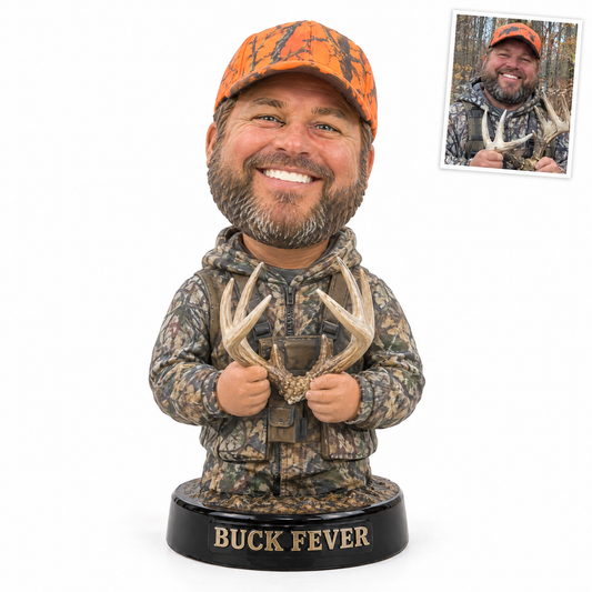 Funny big-head hunter photo figurine, BUCK FEVER, customer photo top right