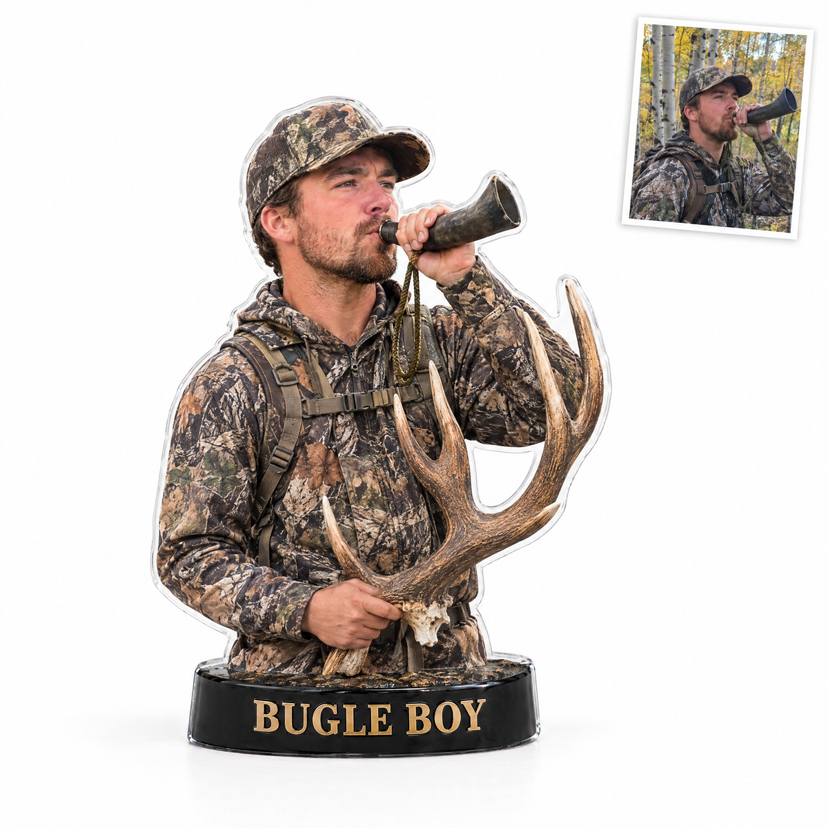 Acrylic fridge magnet of elk hunter, BUGLE BOY