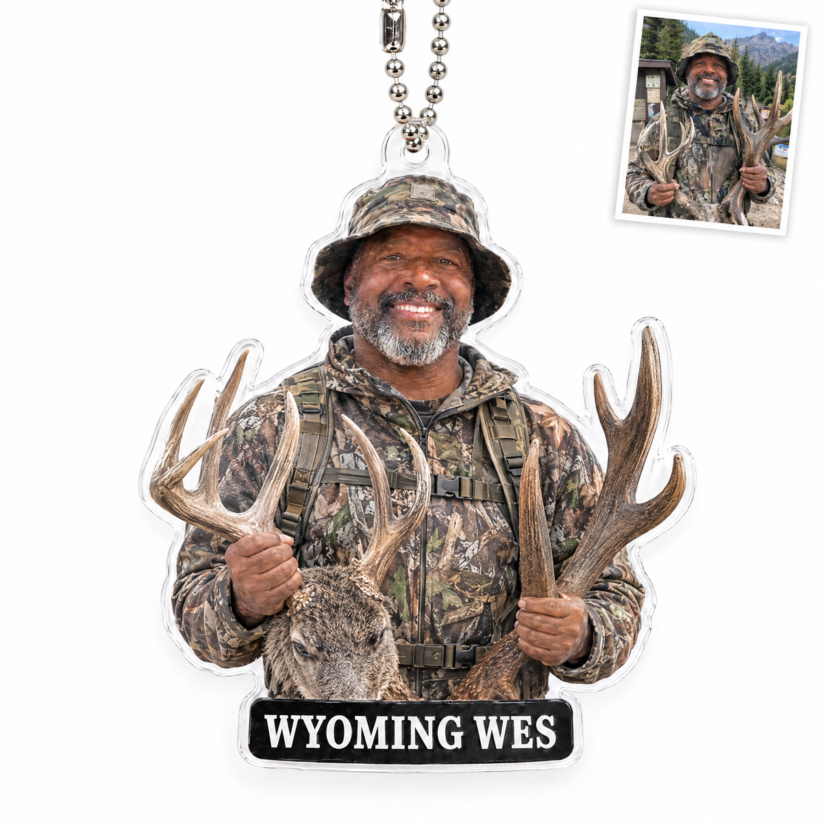 Acrylic car charm of elk hunter, WYOMING WES