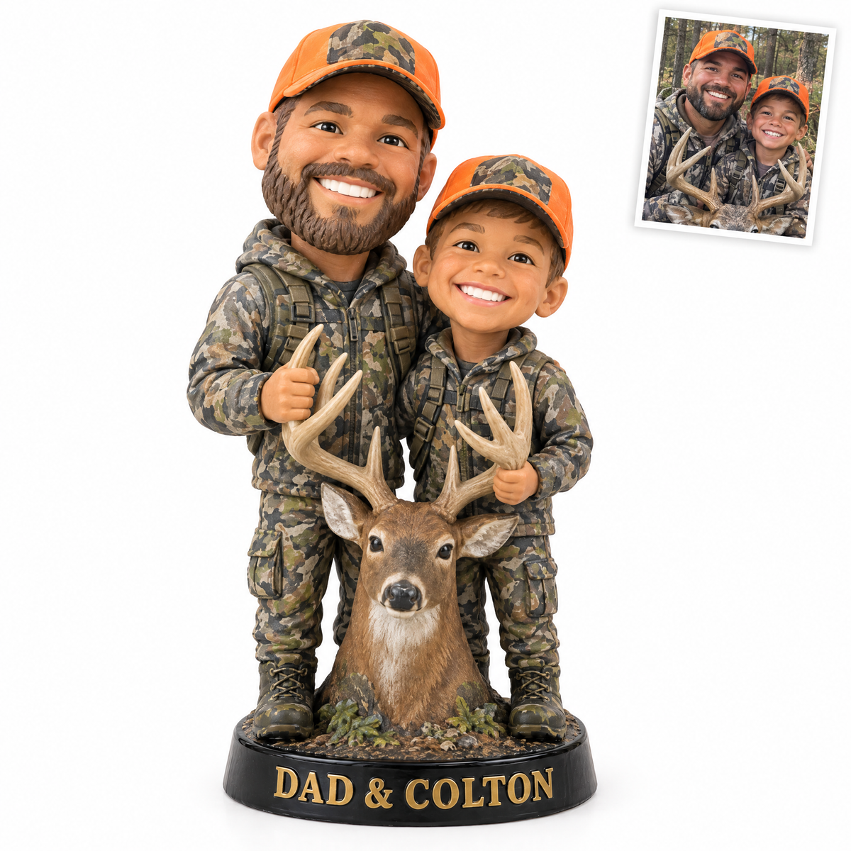 Caricature hunting figurine style 4, father and son deer hunters, DAD & COLTON