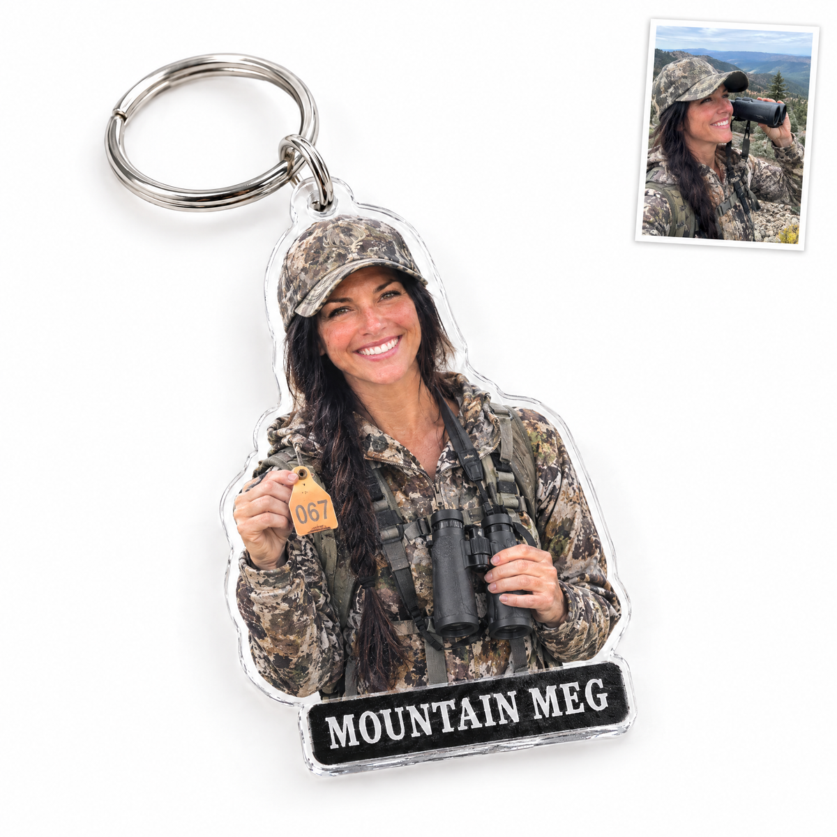 Acrylic keychain of woman elk hunter, MOUNTAIN MEG