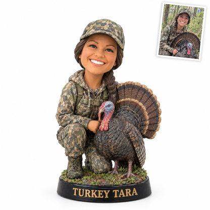 Caricature hunting figurine style 3, woman turkey hunter, TURKEY TARA