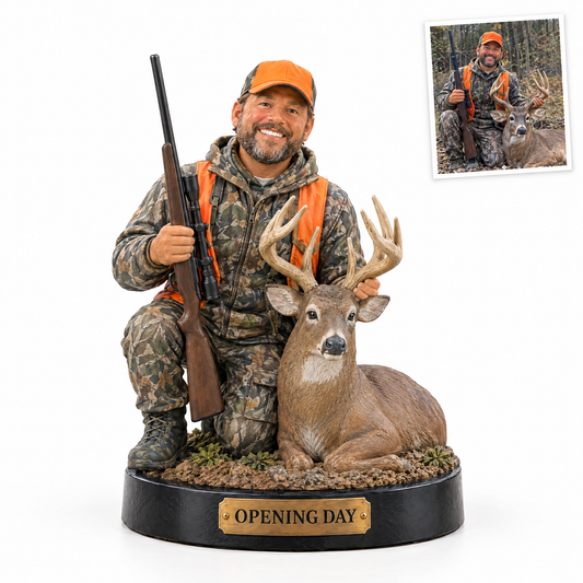 Realistic hunter figurine with whitetail buck, OPENING DAY, customer photo top right