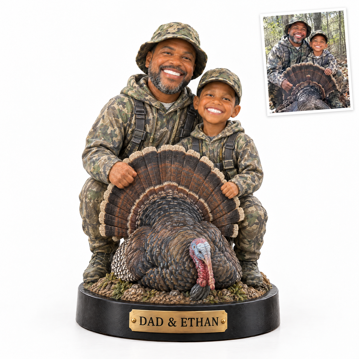 Realistic father and son turkey hunter figurine, DAD & ETHAN
