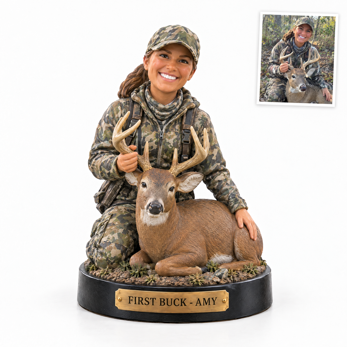 Realistic woman hunter figurine with first buck, FIRST BUCK - AMY