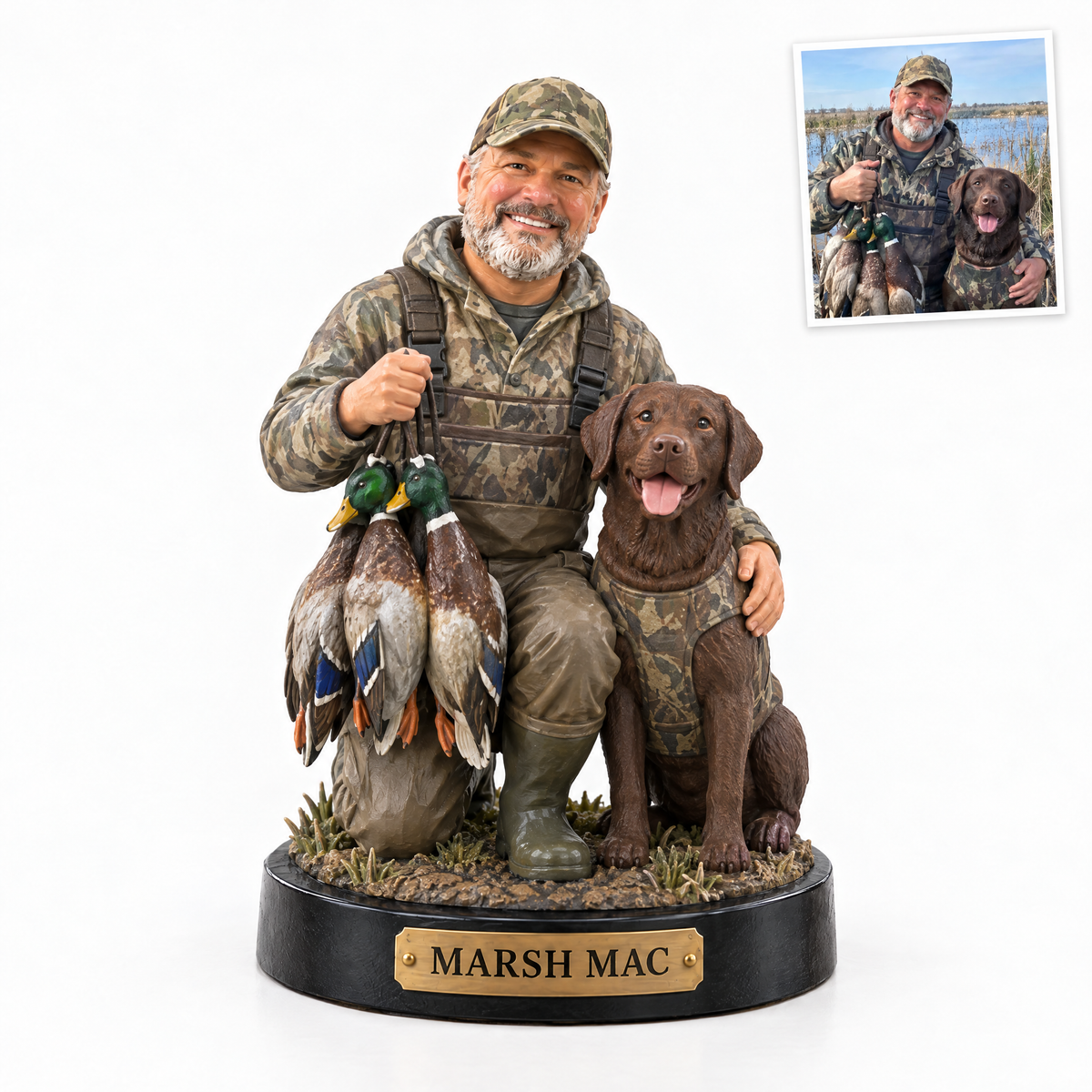 Realistic duck hunter figurine with Lab, MARSH MAC