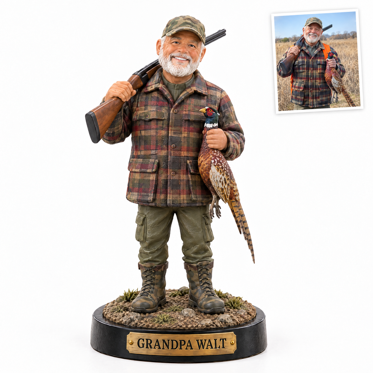 Realistic grandpa pheasant hunter figurine, GRANDPA WALT
