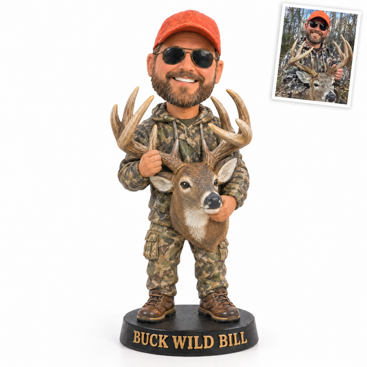 Cartoon hunter figurine hugging buck rack, BUCK WILD BILL, customer photo top right