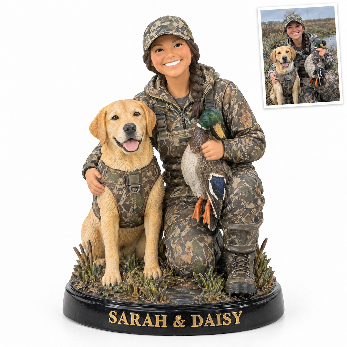 Woman hunter and yellow Lab figurine, SARAH & DAISY