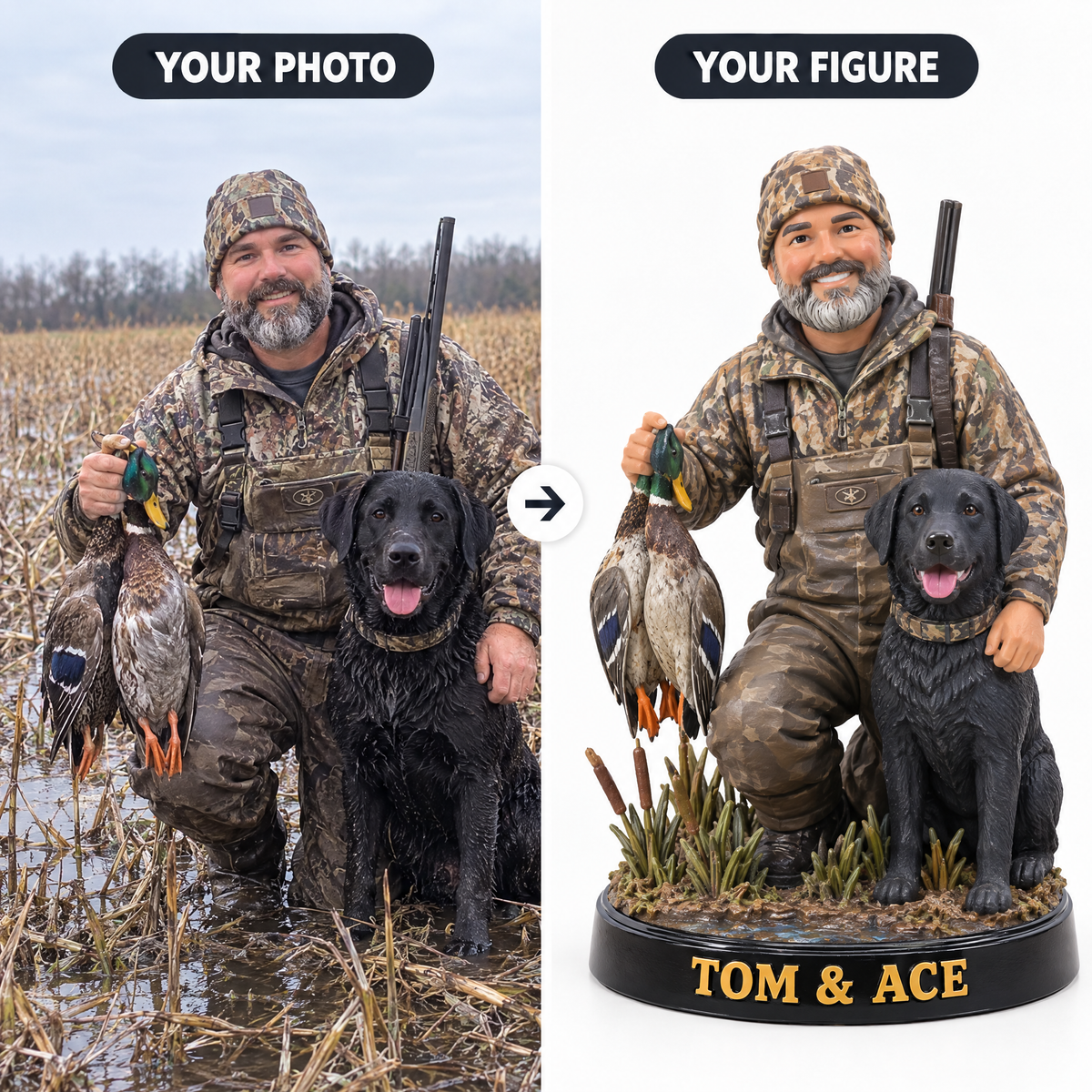 Hunter and dog photo turned into a figurine TOM & ACE