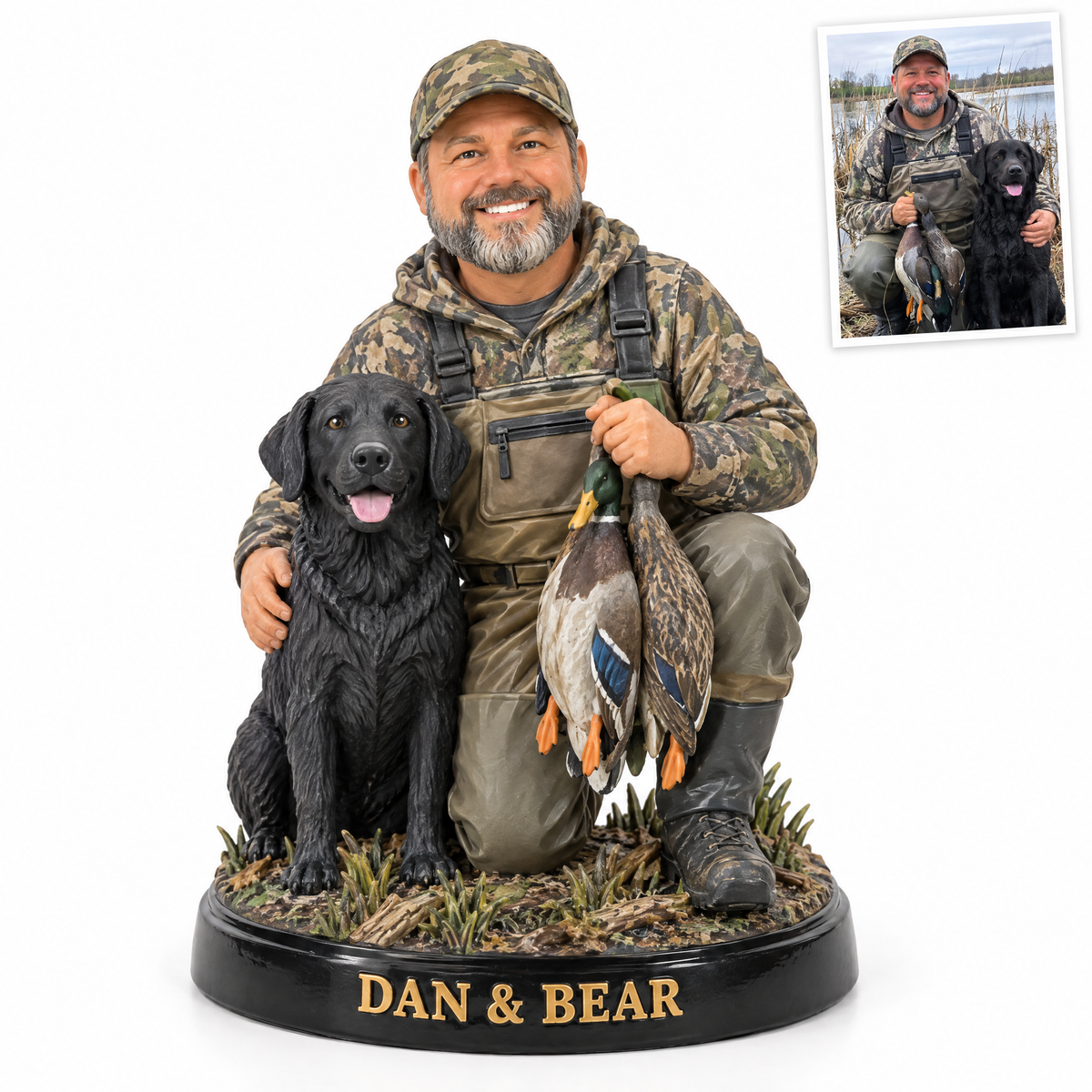 Hunter and black Lab figurine with mallards, DAN & BEAR, customer photo top right