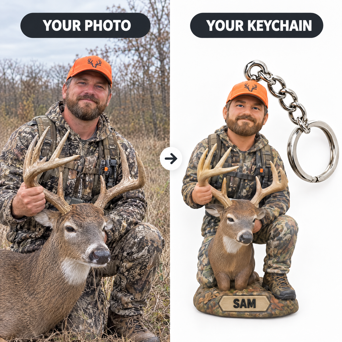 Deer hunting photo turned into a figurine keychain SAM