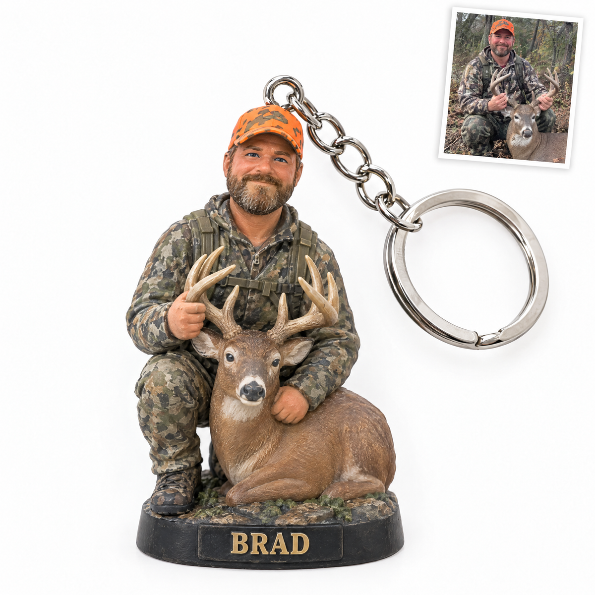 Deer hunter figurine keychain, BRAD, customer photo top right