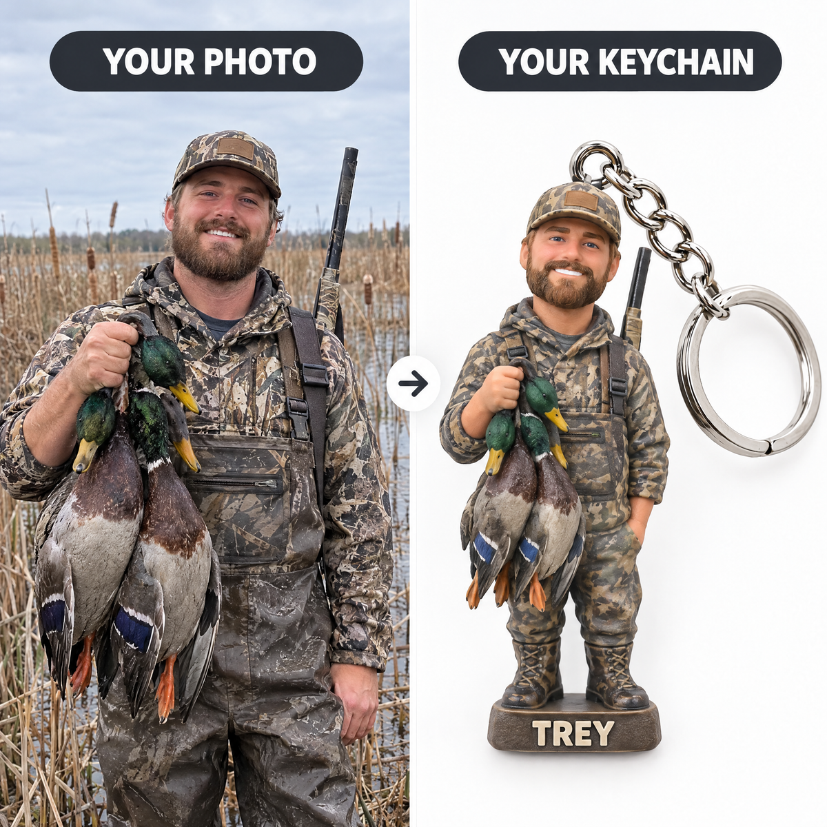 Duck hunting photo turned into a figurine keychain TREY