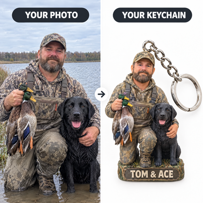 Hunter and dog photo turned into a figurine keychain