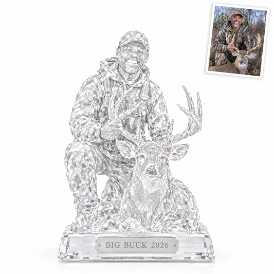 Crystal-style hunting statue with whitetail buck, BIG BUCK 2026, customer photo top right