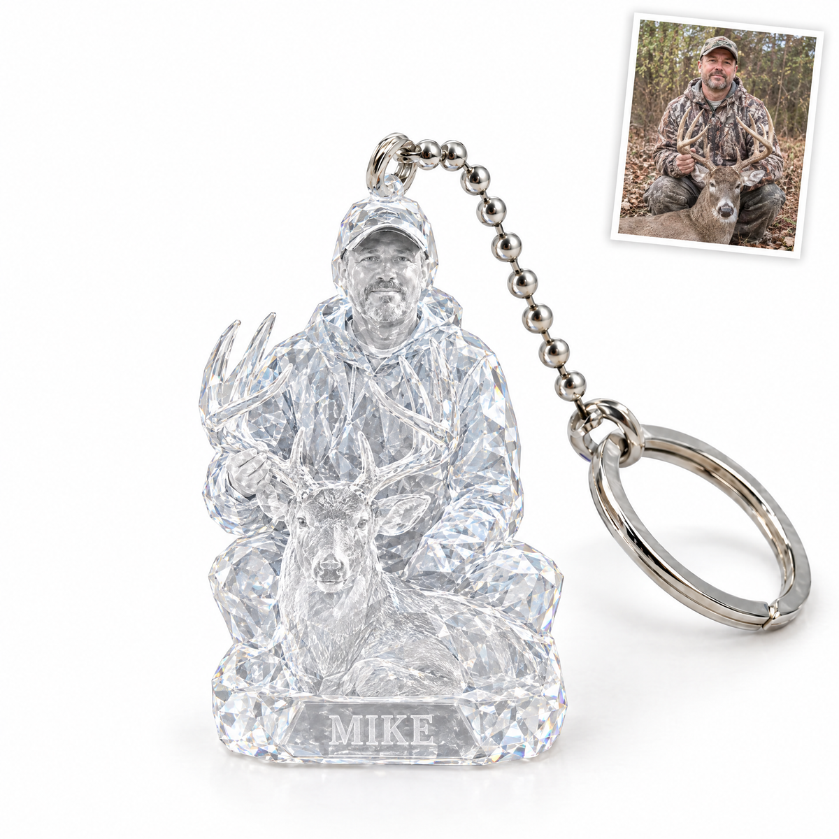 Crystal-style hunting keychain with buck, MIKE, customer photo top right